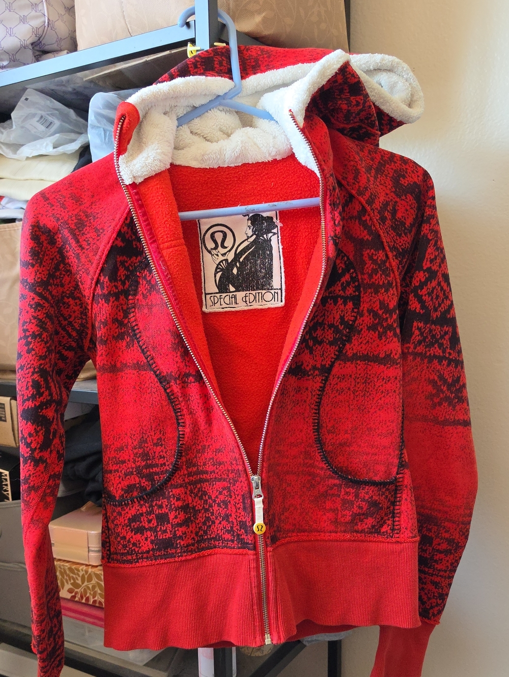 lululemon athletica Red and Black Patterned Fleece-Lined Zip Hoodie